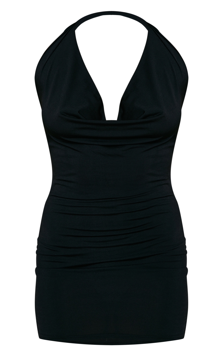 Black Slinky Cowl Lettuce Hem Detail Halter Bodycon Dress image 5