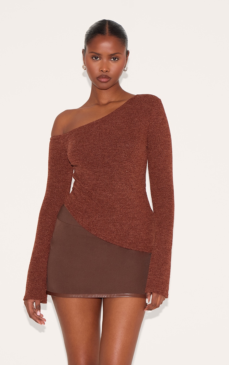 Brown Textured Asymmetric Flared Sleeve Long Top image 1