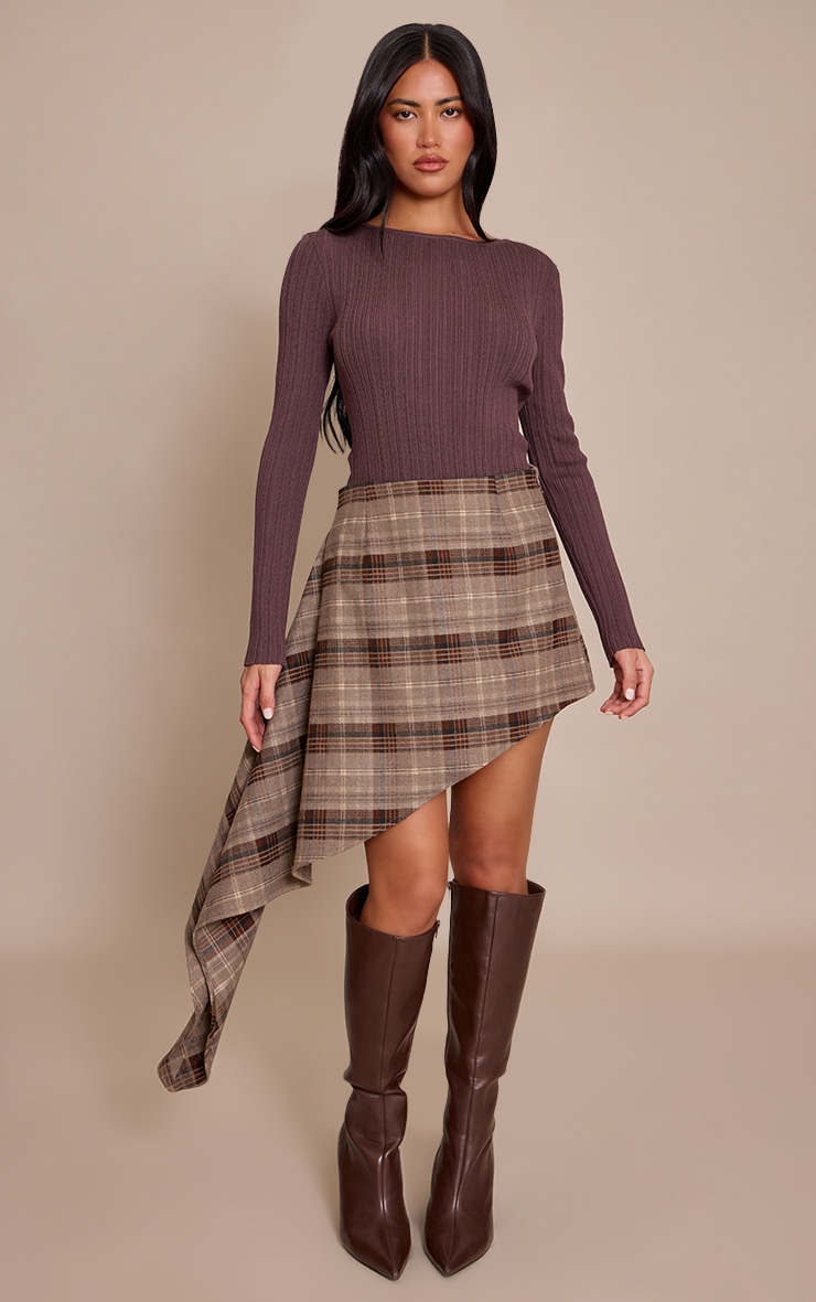 Brown Check Brushed Woven Asymmetric Mini Skirt | Bottoms