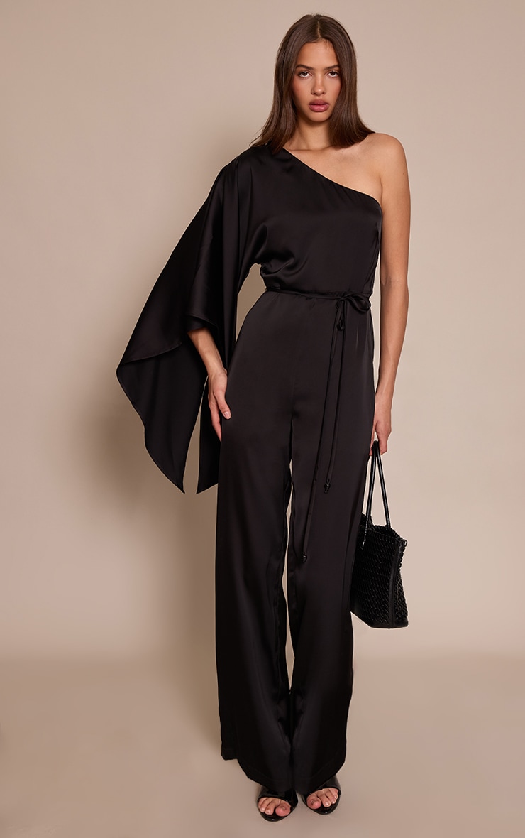 Black Satin Floaty One Shoulder Tie Waist Jumpsuit image 1