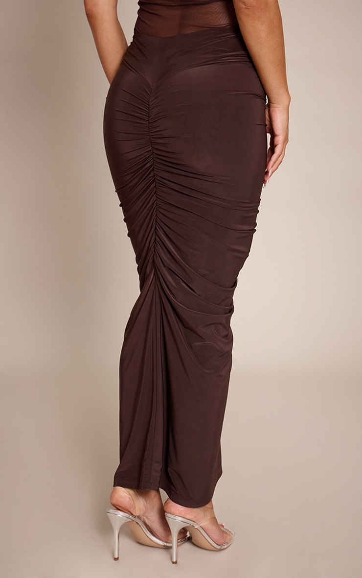 Chocolate Double Layer Slinky Ruched Detail Maxi Skirt  image 3