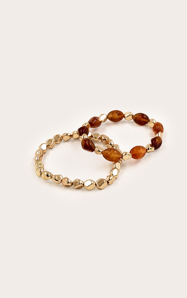 Gold Textured Bracelet with Brown Resin Detail Multi-Pack image 3