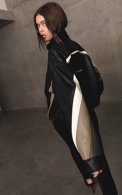 Black Contrast Panel Funnel Neck Faux Leather Biker Jacket