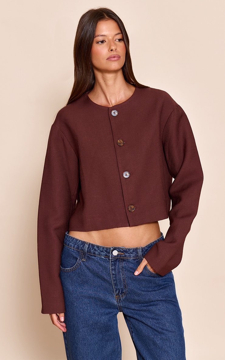 Chocolate Linen Look Boxy Button Up Jacket image 1
