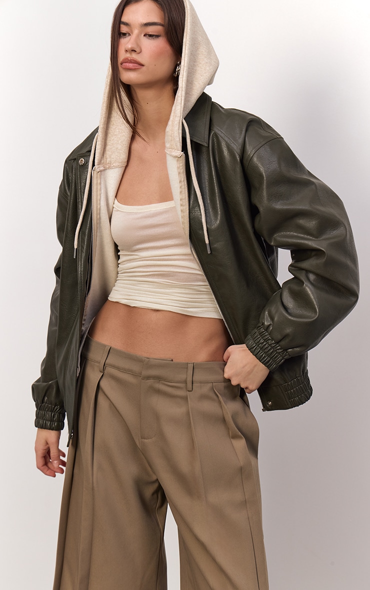 Khaki Embossed Back Faux Leather Biker Jacket image 4