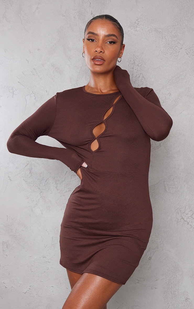 Chocolate Jersey Asymmetric Cut Out Long Sleeve Bodycon Dress image 2