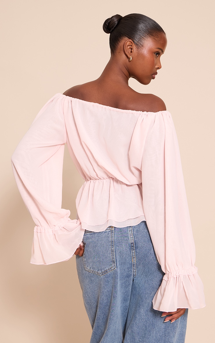 Pale Pink Chiffon Tie Detail Bardot Floaty Top image 2
