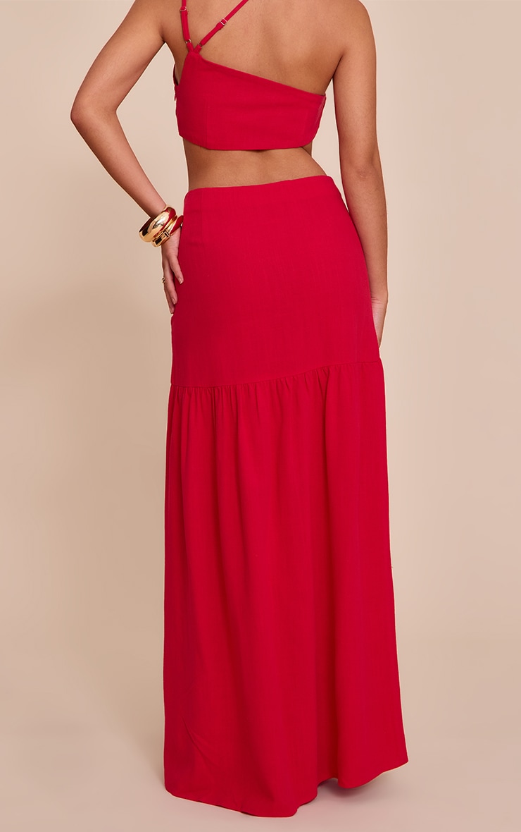 Tomato Red Seam Detail Floaty Linen Maxi Skirt image 3