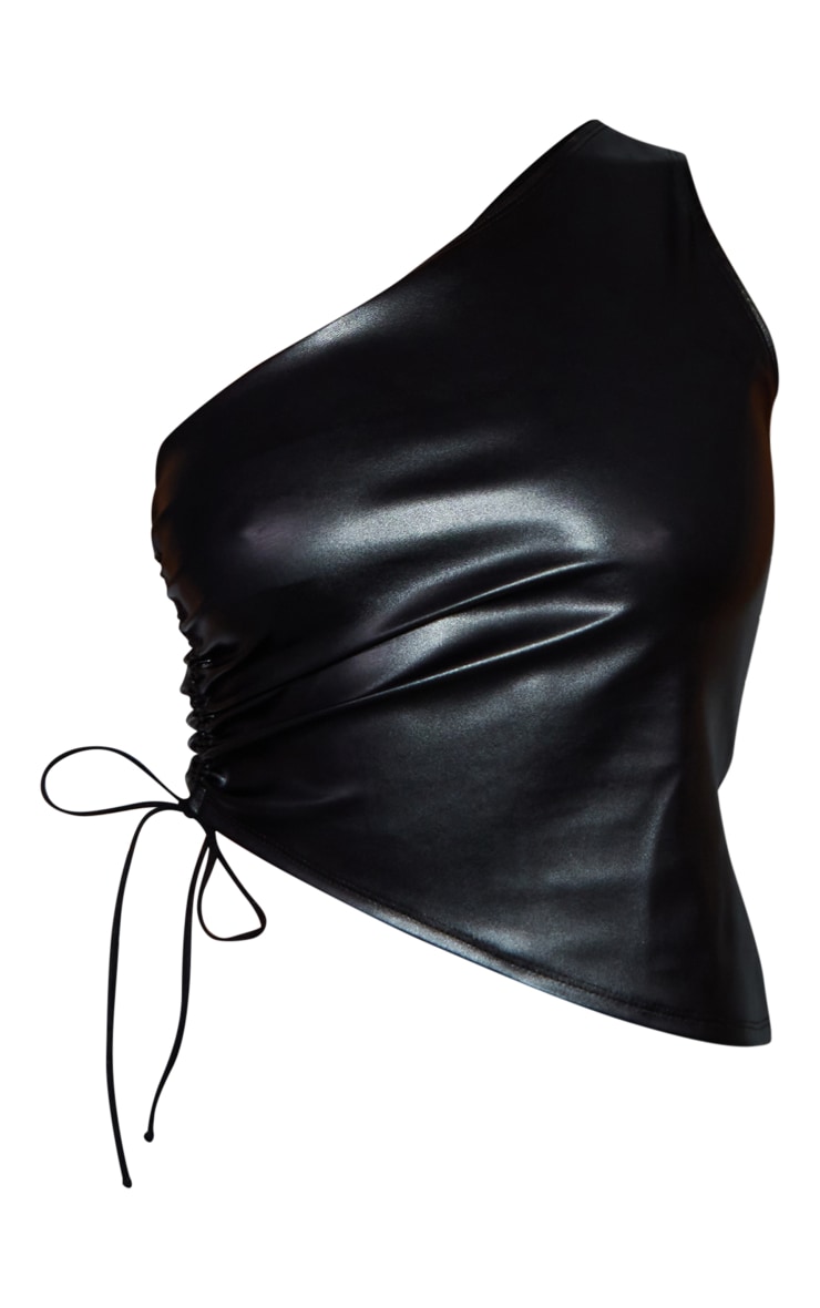 Black Faux Leather Ruched Asymmetric One Shoulder Top image 5
