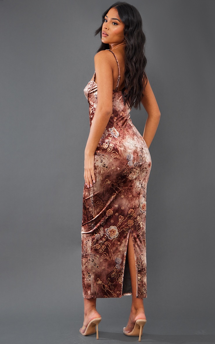 Tall Brown Floral Print Devore Midaxi Dress image 2