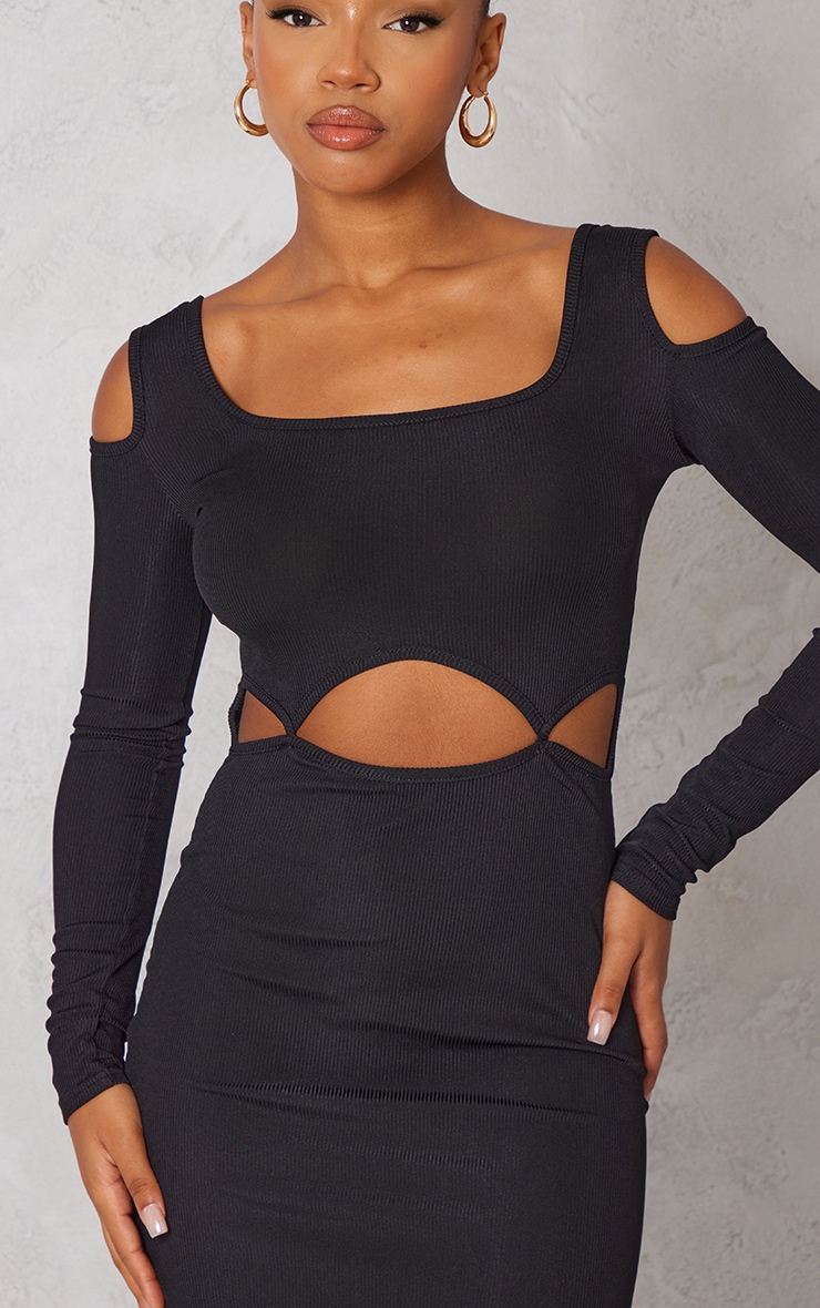 Black Rib Keyhole Waist Cut Out Bodycon Dress image 4