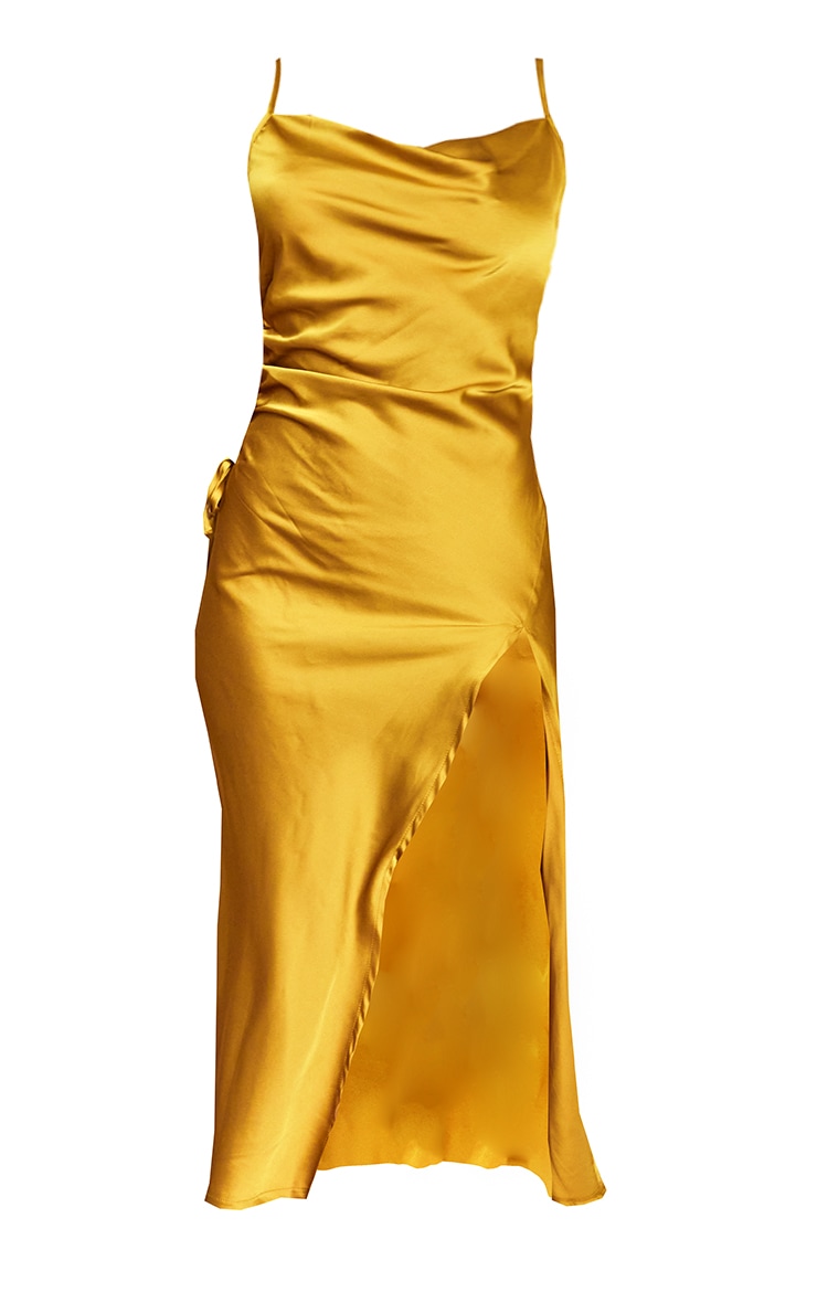 Chartreuse Strappy Satin Gathered Side Split Hem Midi Dress image 5