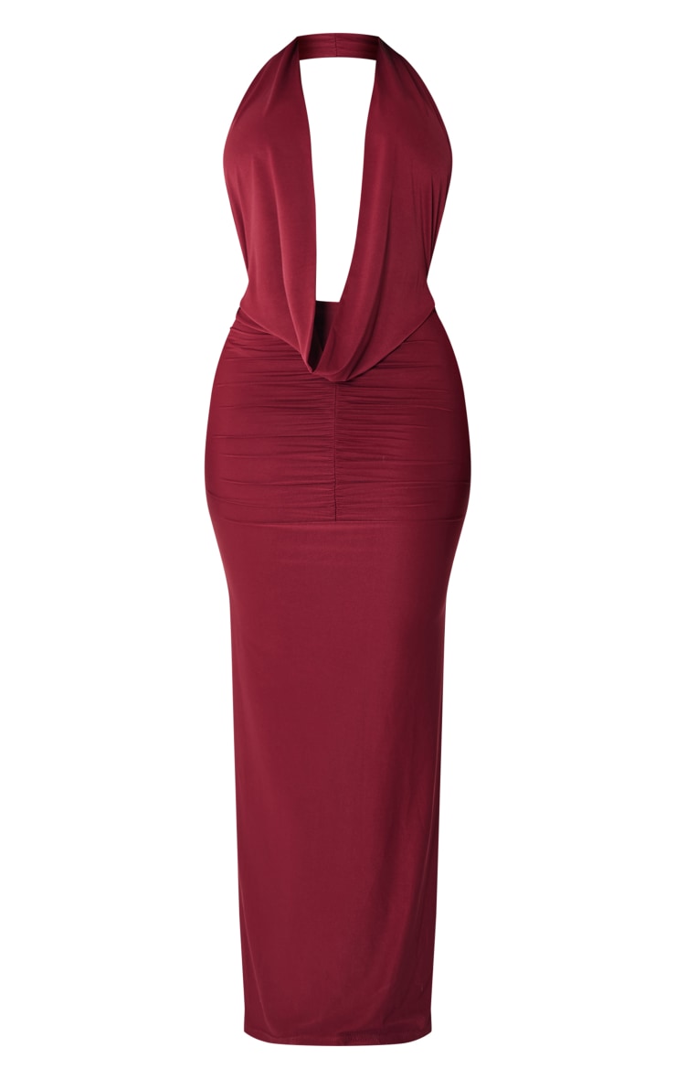 Shape Burgundy Slinky Cowl Ruched Front Maxi Dress