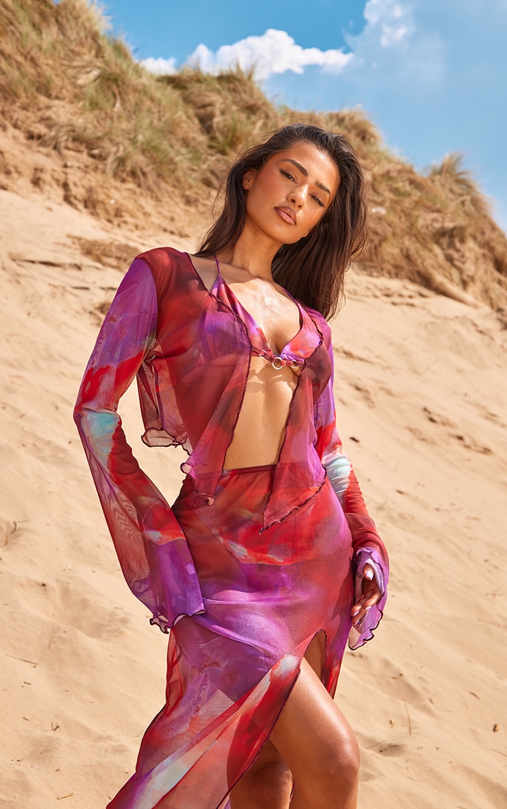 Pink Watercolour Print Mesh Scallop Hem Beach Top image 1