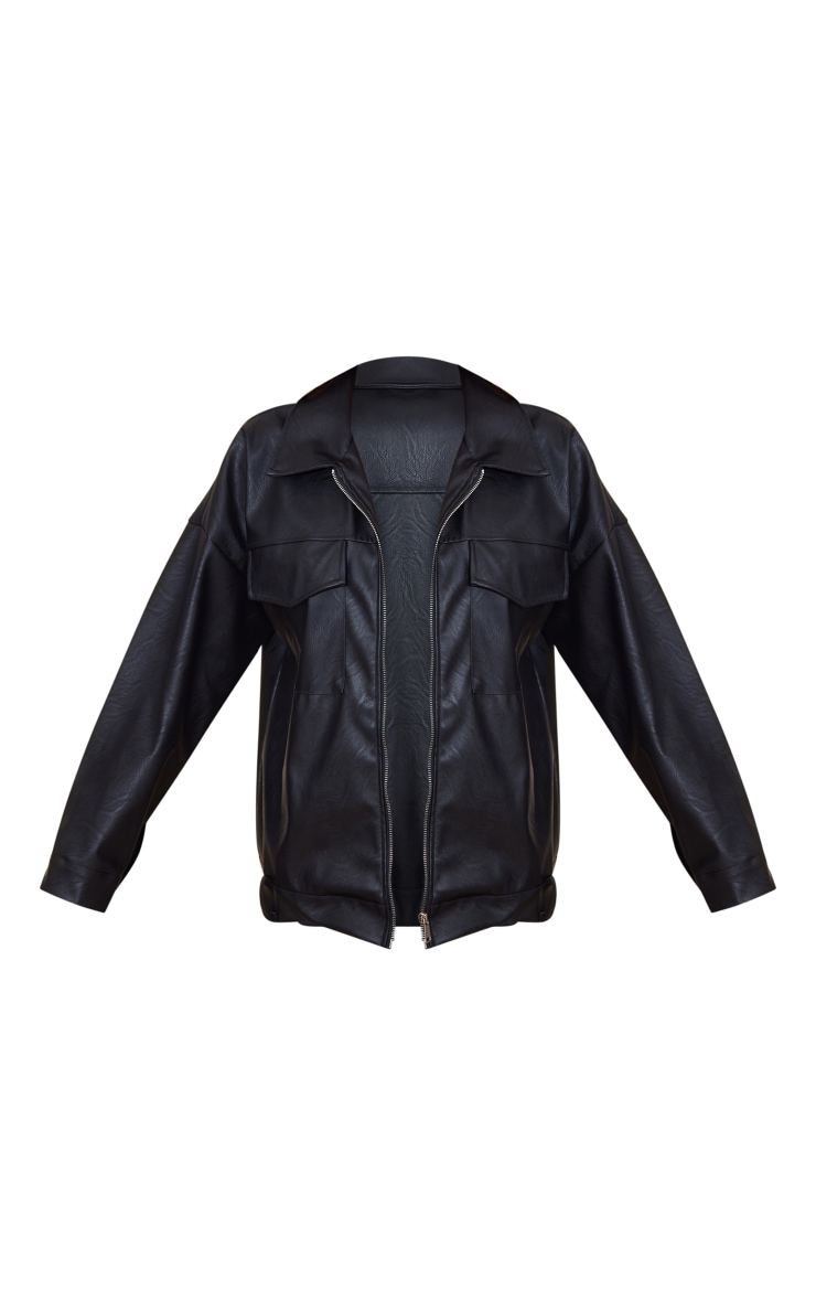 Black Oversized Faux Leather Zip Through Jacket image 5