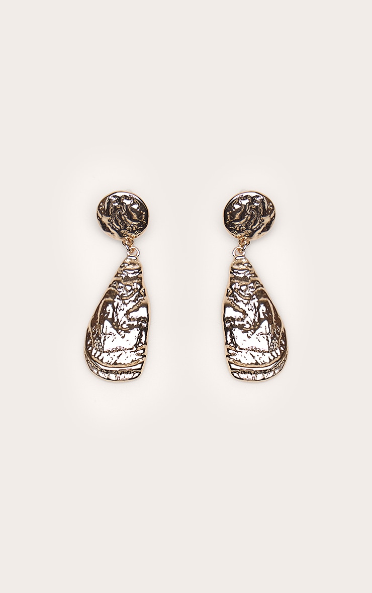 Gold Hammered Circular Teardrop Draped Earrings image 2