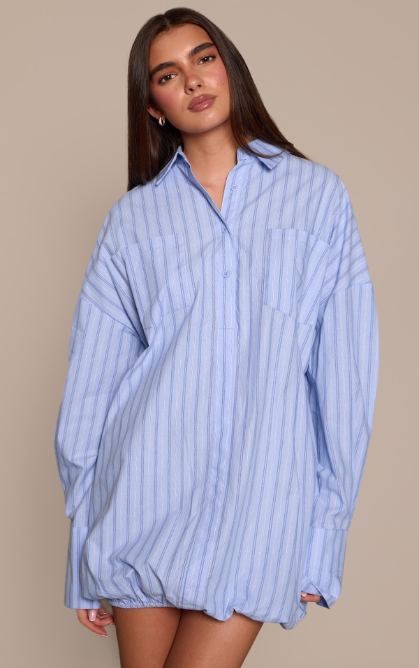 Blue Pinstripe Cotton Poplin Long Sleeve Puffball Dress