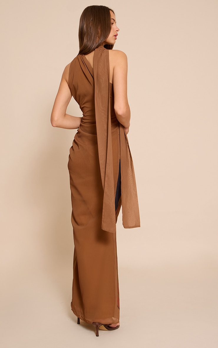 Brown Floral Print Chiffon High Neck Maxi Dress image 2