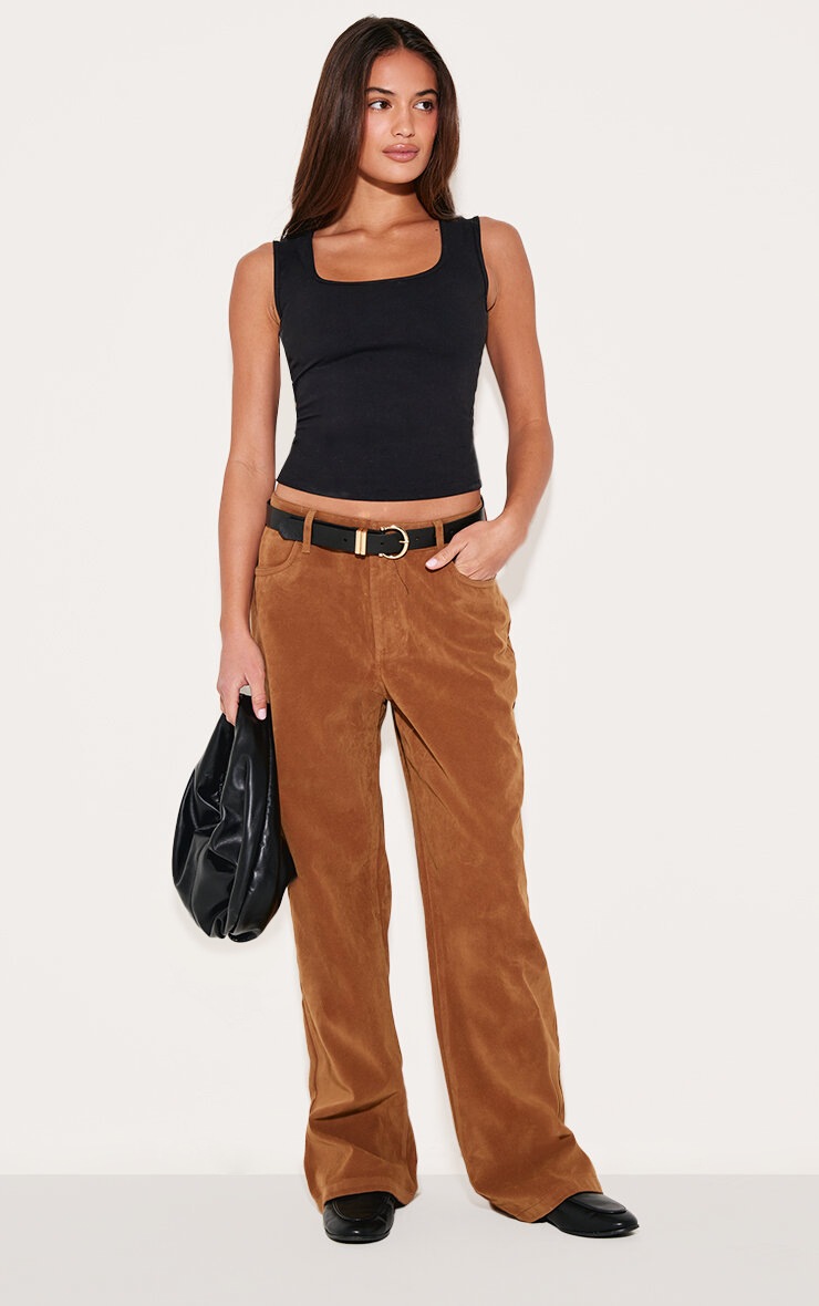Deep Tan Faux Suede Mid Rise Straight Leg Trousers | Bottoms 