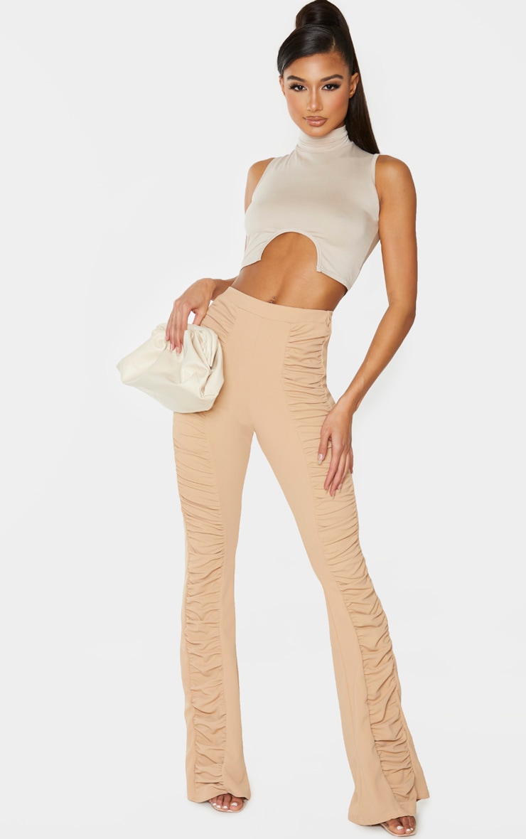 Stone Ruched Panel Detail Flare Trousers