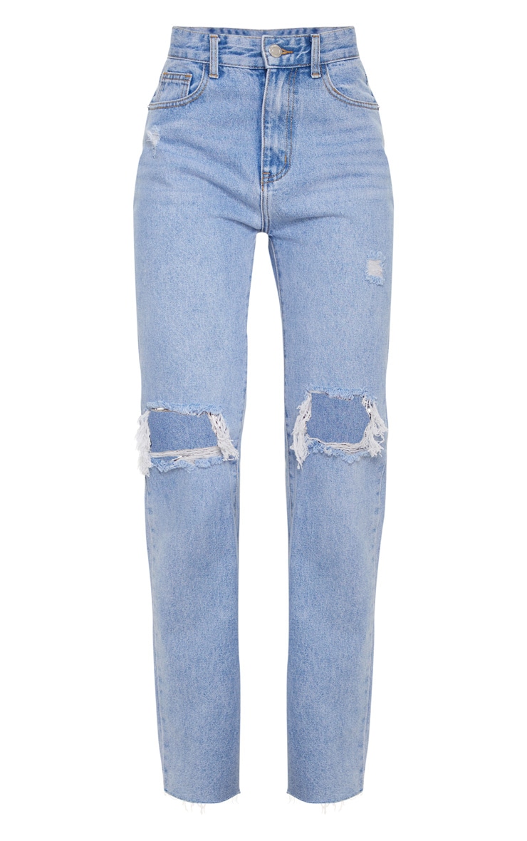 Light blue wash distressed high waist straight leg jeans Clearance
