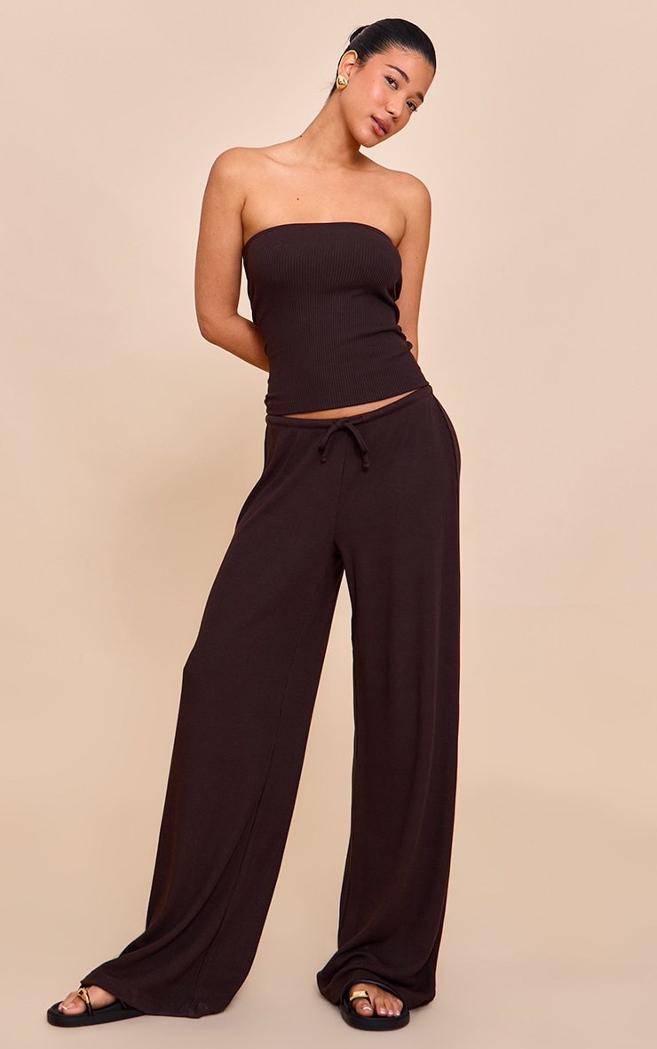 Chocolate Textured Drawstring Slouchy Wide Leg Pants image 1