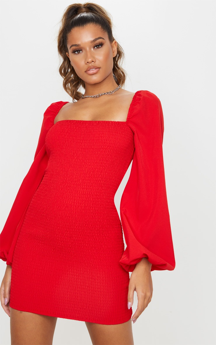 Red Long Sleeve Square Neck Shirred Bodycon Dress
