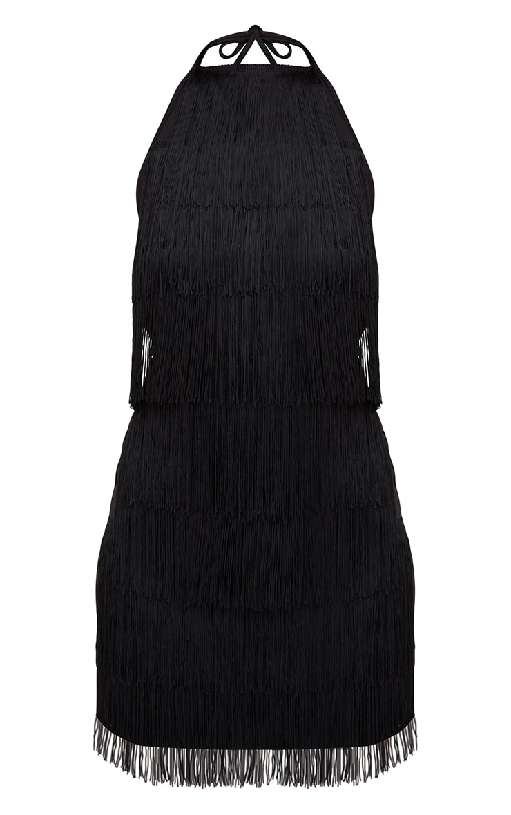 black tassel detail halterneck bodycon dress