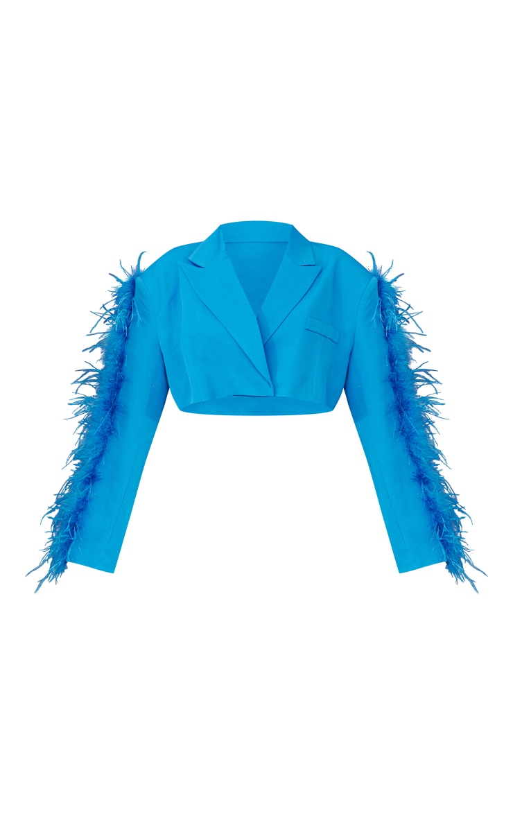 Blazer court bleu à bordures en plumes et épaules carrées image 5