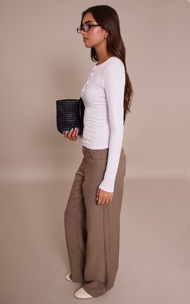White Soft Rib Button Up Fitted Long Sleeve Top image 3
