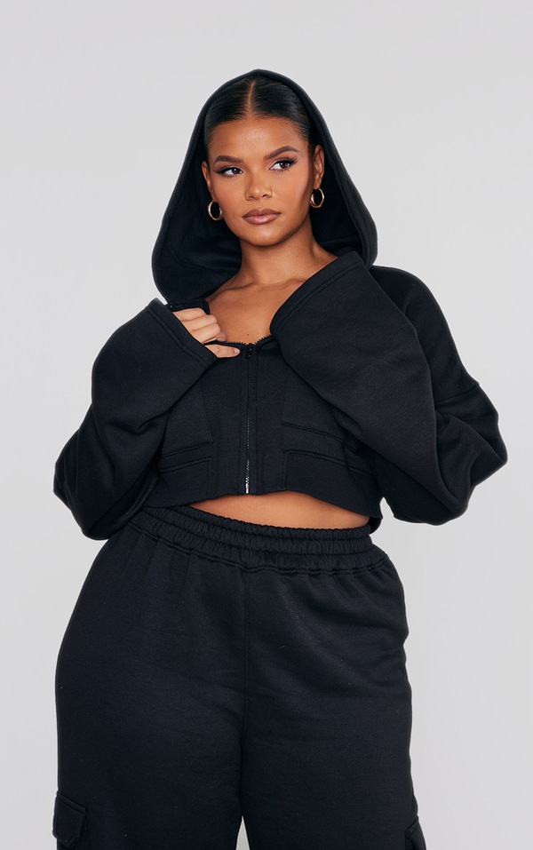 Plus Black Cargo Zip Up Crop Hoodie PrettyLittleThing USA