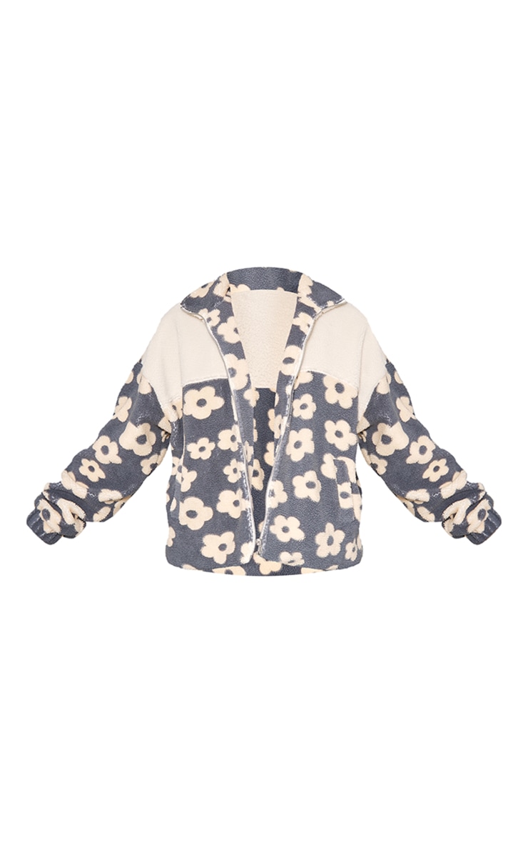 Grey and Cream Flower Print Teddy Jacket image 5