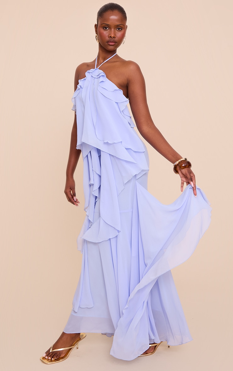 Light Blue Chiffon Frill Halterneck Floaty Maxi Dress image 3