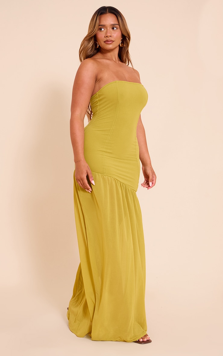 Shape Olive Bandeau Asymetrical Sheer Hem Maxi Dress image 3