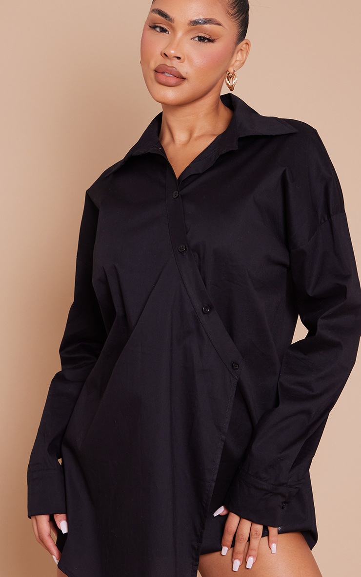 Black Cotton Asymmetric Wrap Shirt Dress image 4