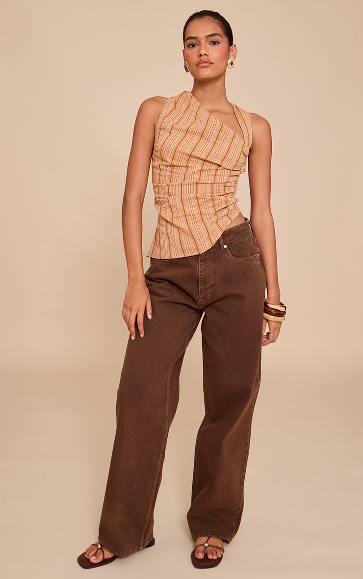 Orange Linen Look Striped Asymmetric Top image 3