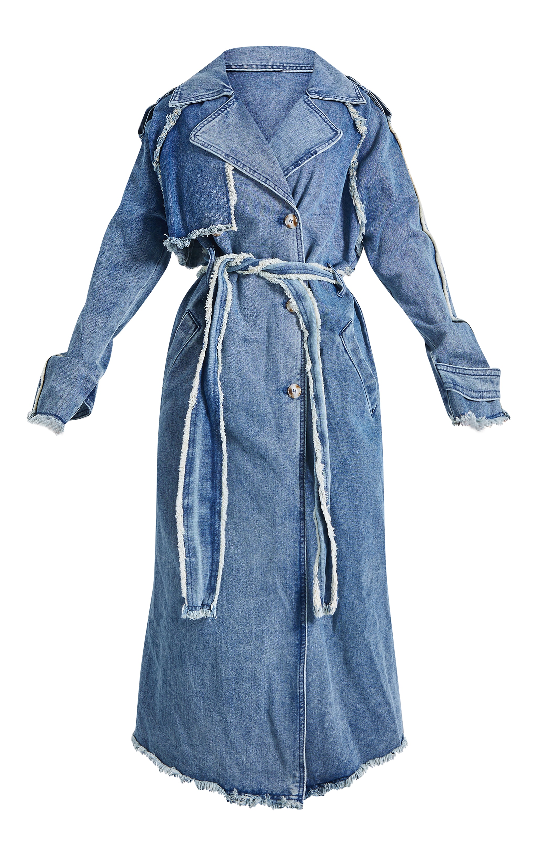 Petite Mid Blue Wash Denim Frayed Edge Maxi Trench Coat image 5