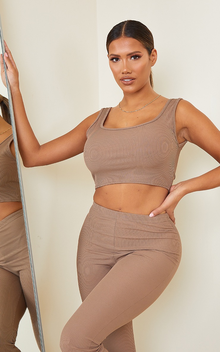Shape Mocha Rib Detail Scoop Neck Crop Top