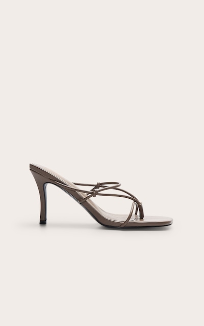 Chocolate Pu Square Toe Thong Knotted High Heeled Mules