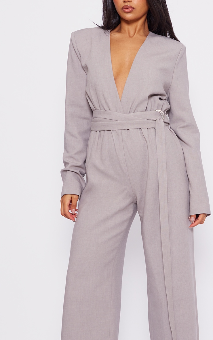 Light Grey Strap Detail Cross Over Wide Leg Jumpsuit image 4