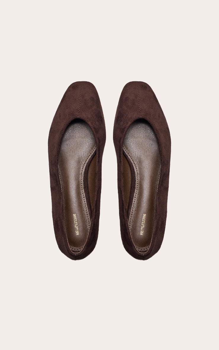 Chocolate Faux Suede Square Toe Seam Detail Ballet Flats image 2