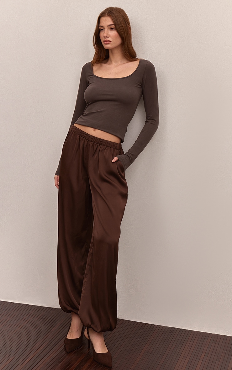 Dark Chocolate Soft Cotton Scoop Neck Long Sleeve Top image 3