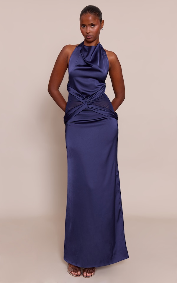 Navy Satin Mesh Detail Maxi Dress