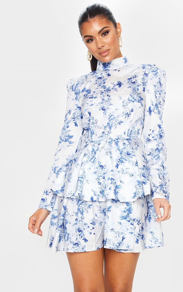 Blue Floral High Neck Tiered Skater Dress
