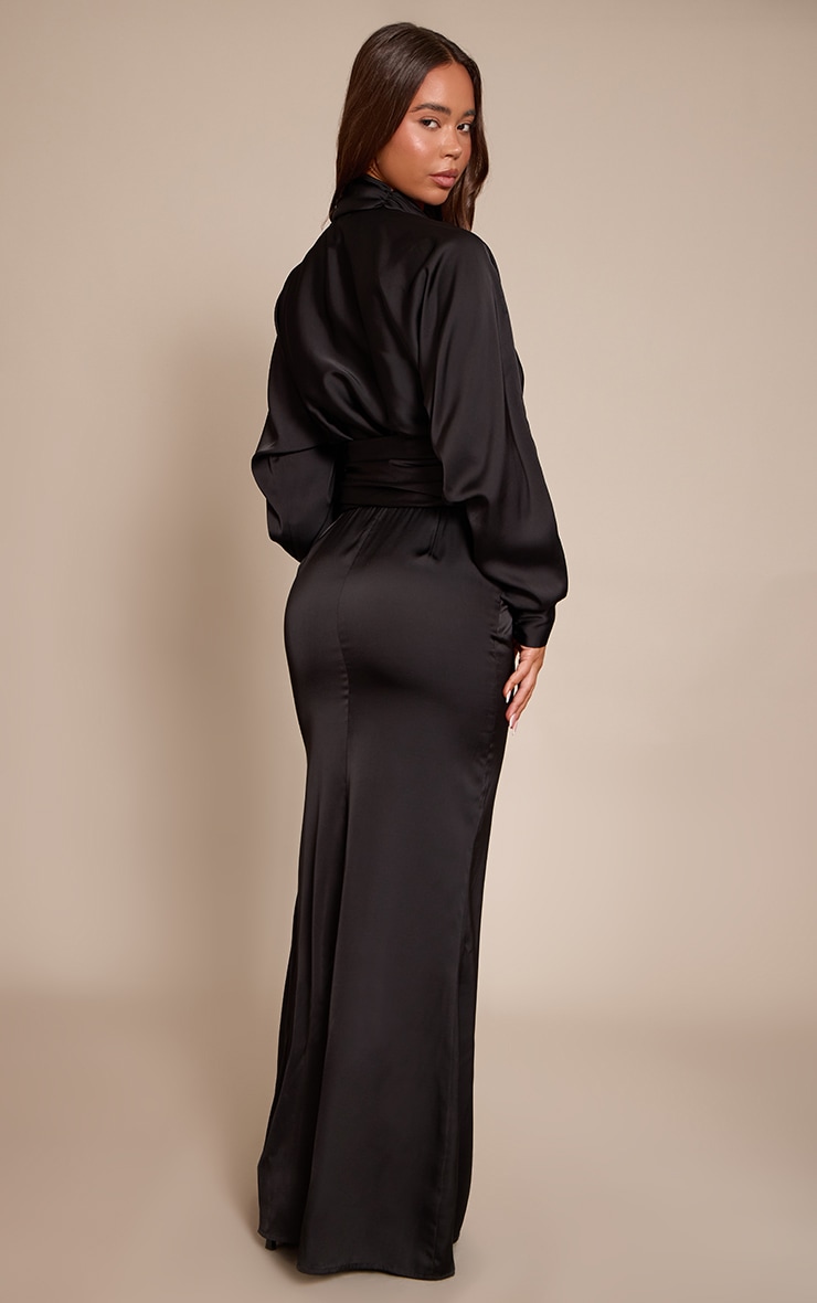 PLT Label Black Satin Long Sleeve Plunge Maxi Dress image 2
