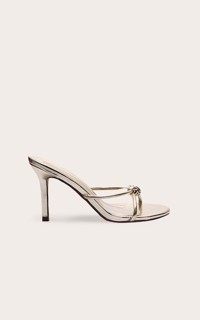 Gold Metallic PU Knotted Mid Heeled Mule Sandals
