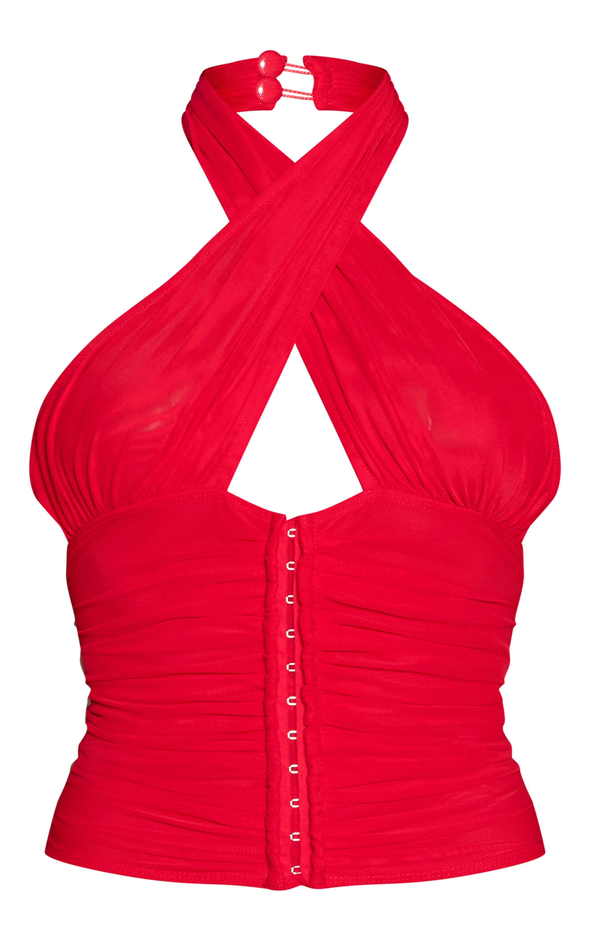 Red Mesh Cross Halter Neck Ruched Top image 5