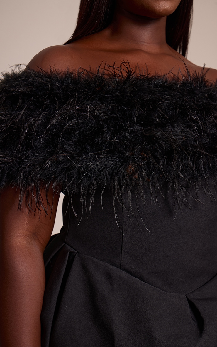 Plus Premium Black Woven Bardot Feather Tulip Mini Dress image 4