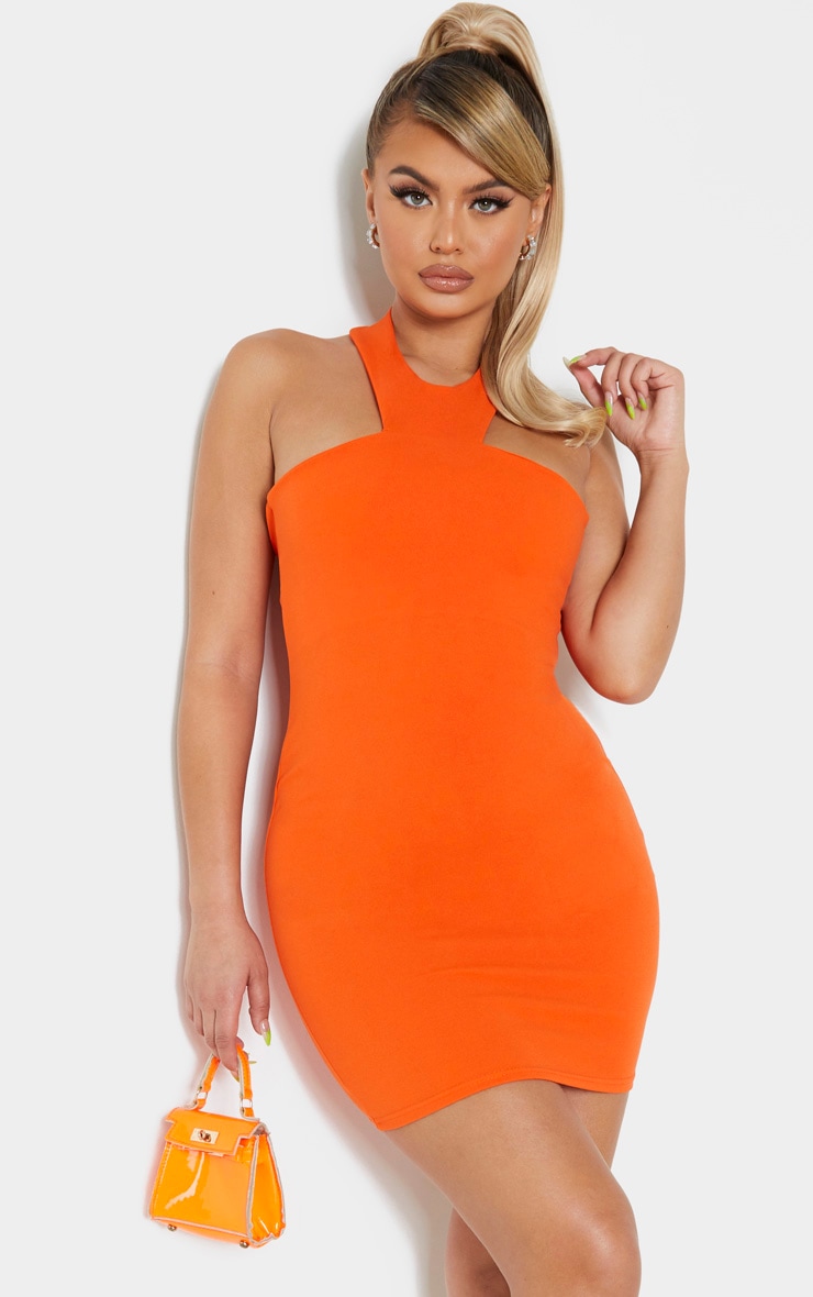 Bright Orange Halterneck Bodycon Dress | PrettyLittleThing IE