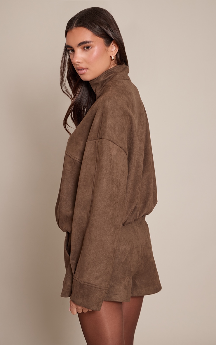 Chocolate Faux Suede Funnel Neck Zip Up Jacket image 2
